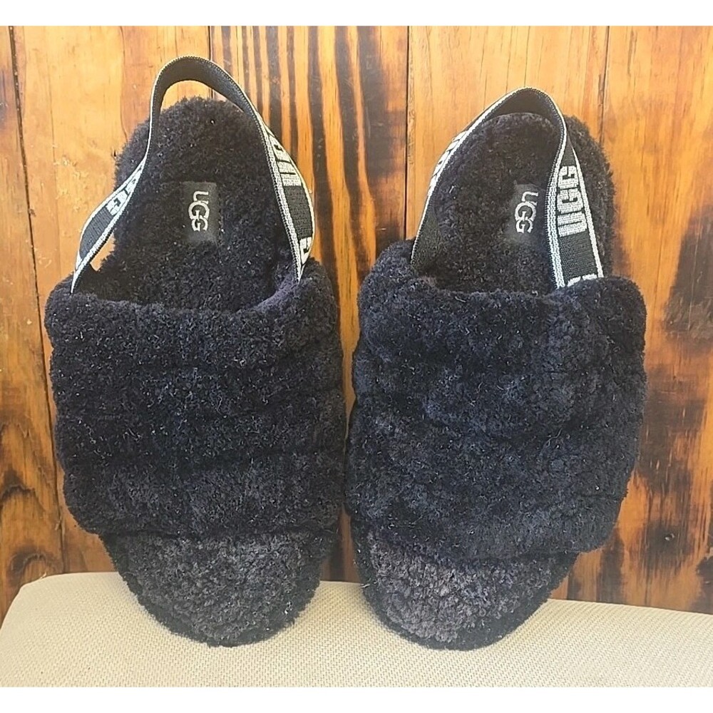 UGG Girls Slingback Sandals Fluff Yeah Slide Size US 3 Black Fur